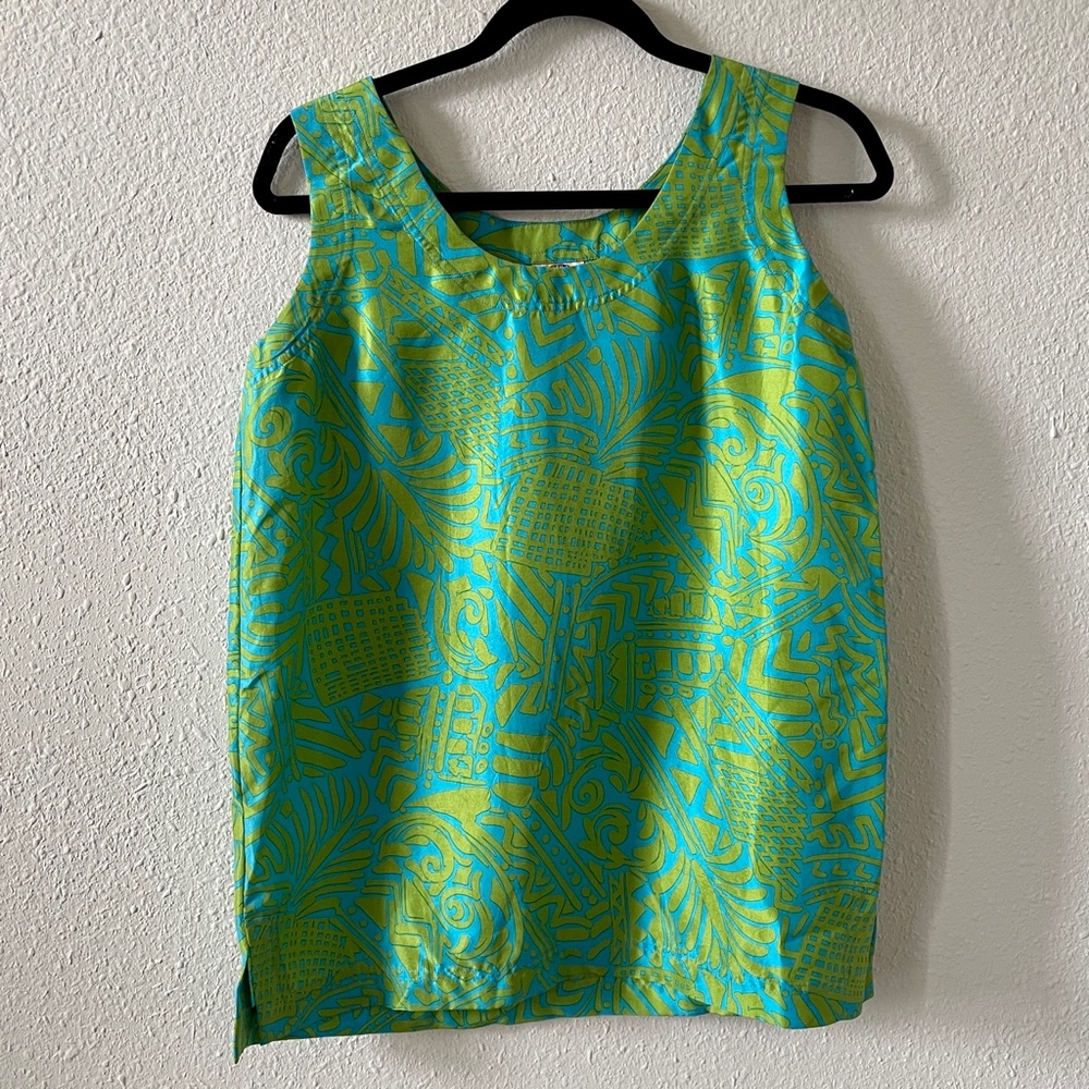 Vintage 90s Silk Saks Fifth Avenue Tropical Blue and Green Tank Top, Size Small